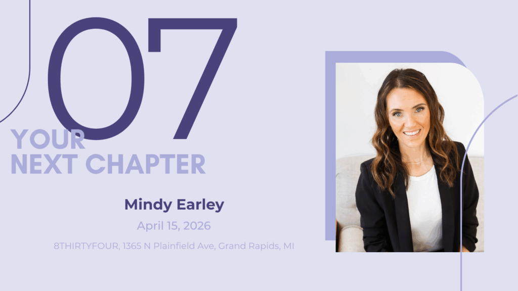 Mindy Earley next to "Your Next Chapter"
