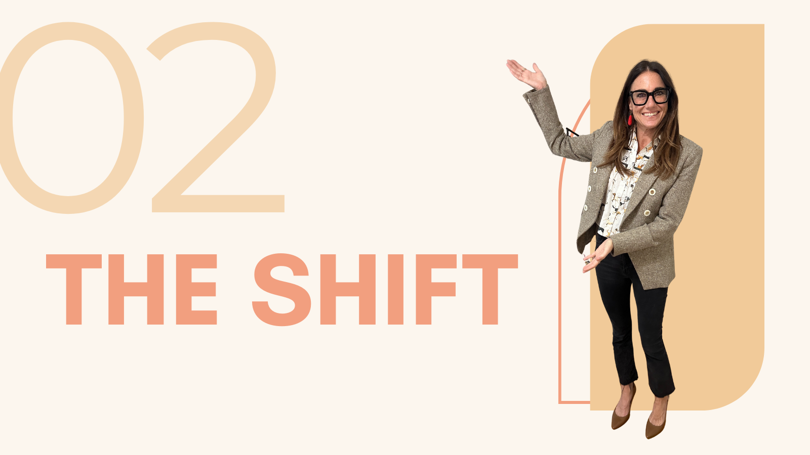 Kim Bode gestures to the words, "The Shift."